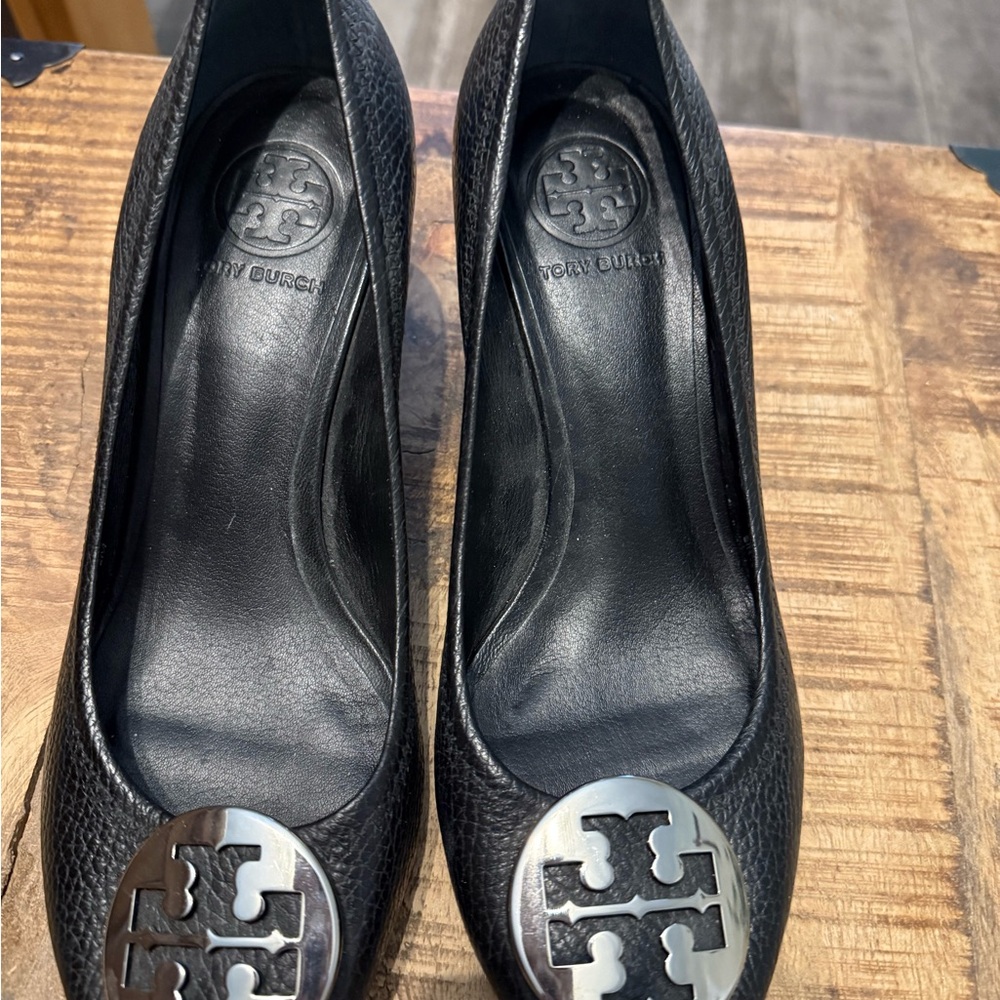 Tory Burch Black Leather Heels with Silver Logo